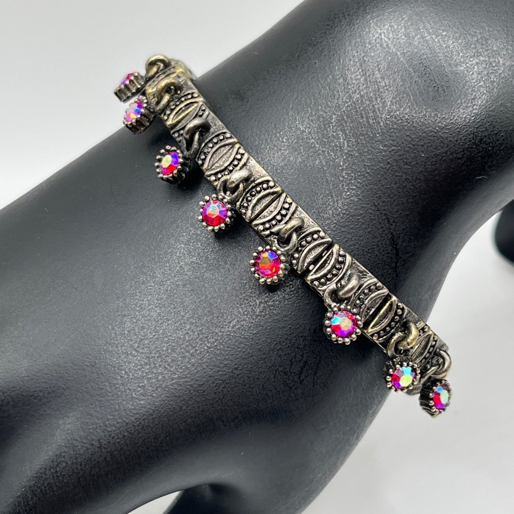 Dangle Red Rhinestone Stretch Bronze Stretch Bracelet Gothic Glam 6.5"